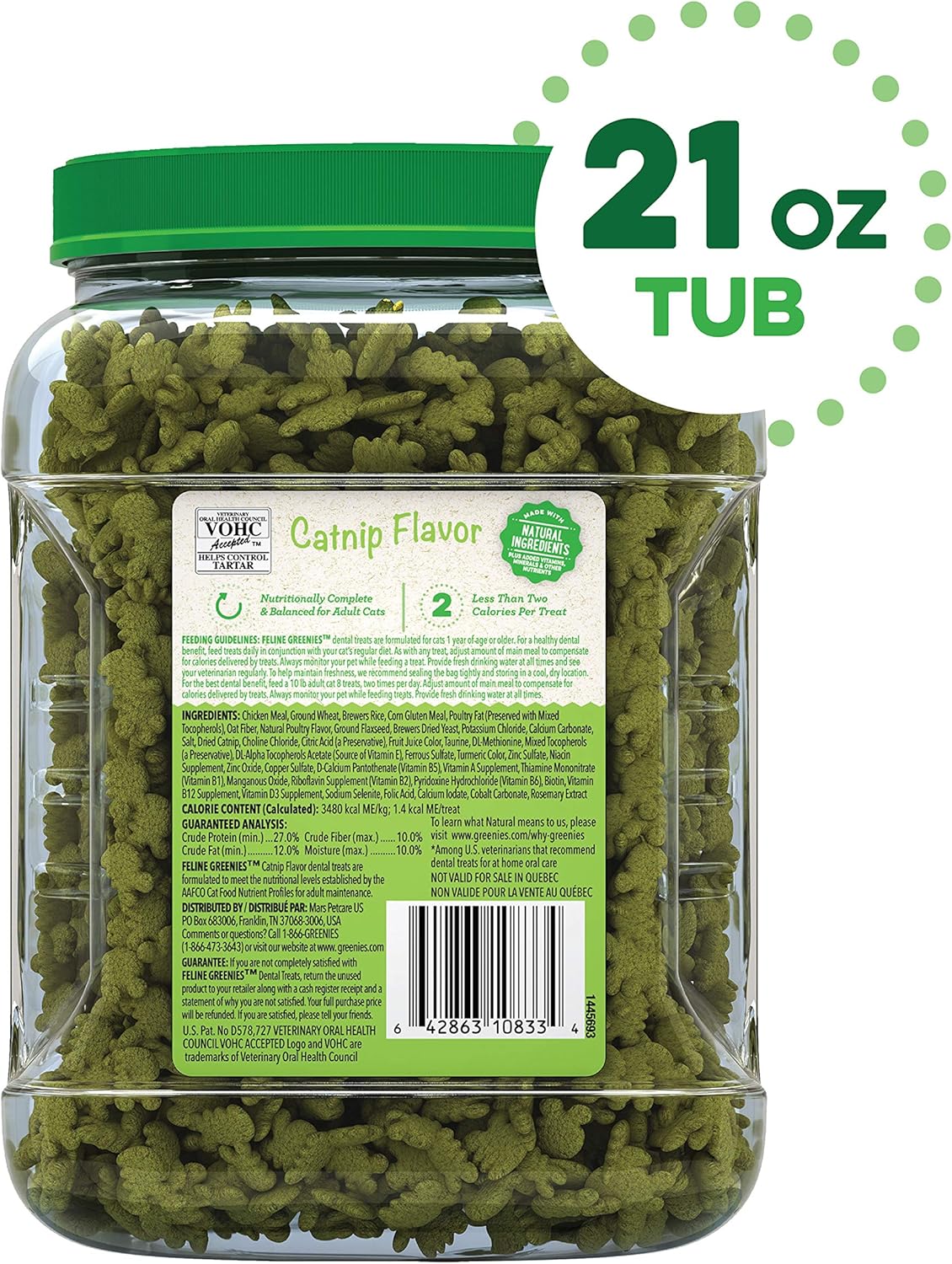 FELINE GREENIES Natural Dental Care Cat Treats Catnip Flavor, 21 oz. Tub : Pet Supplies