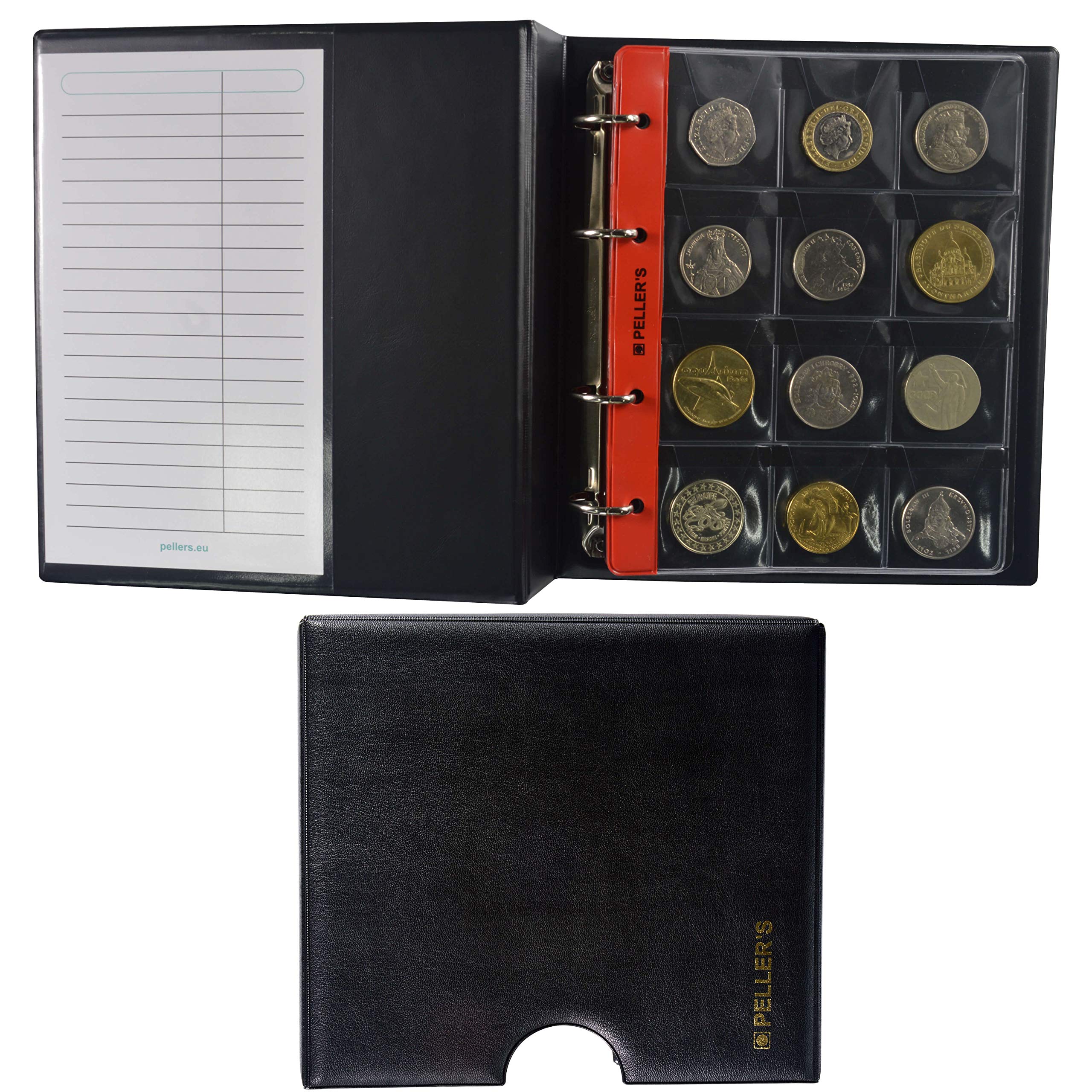 PELLER'S Collectors album for 186 coins: 10 Pages, Mix pockets 35x40mm, 27x27mm, 46x50mm, 68x72mm. Ideal for most coins. Ringbinder Size M (Model M + Slipcase)