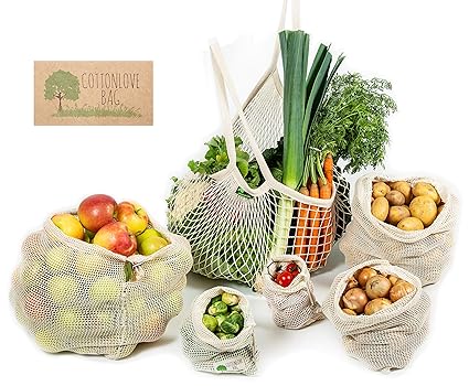 CottonLoveBag-Gemüsebeutel, Obstbeutel 5+1 SET, Baumwolle- wiederverwendbar, umweltfreundlich, ökologisch, Einkaufsnetz, Obst