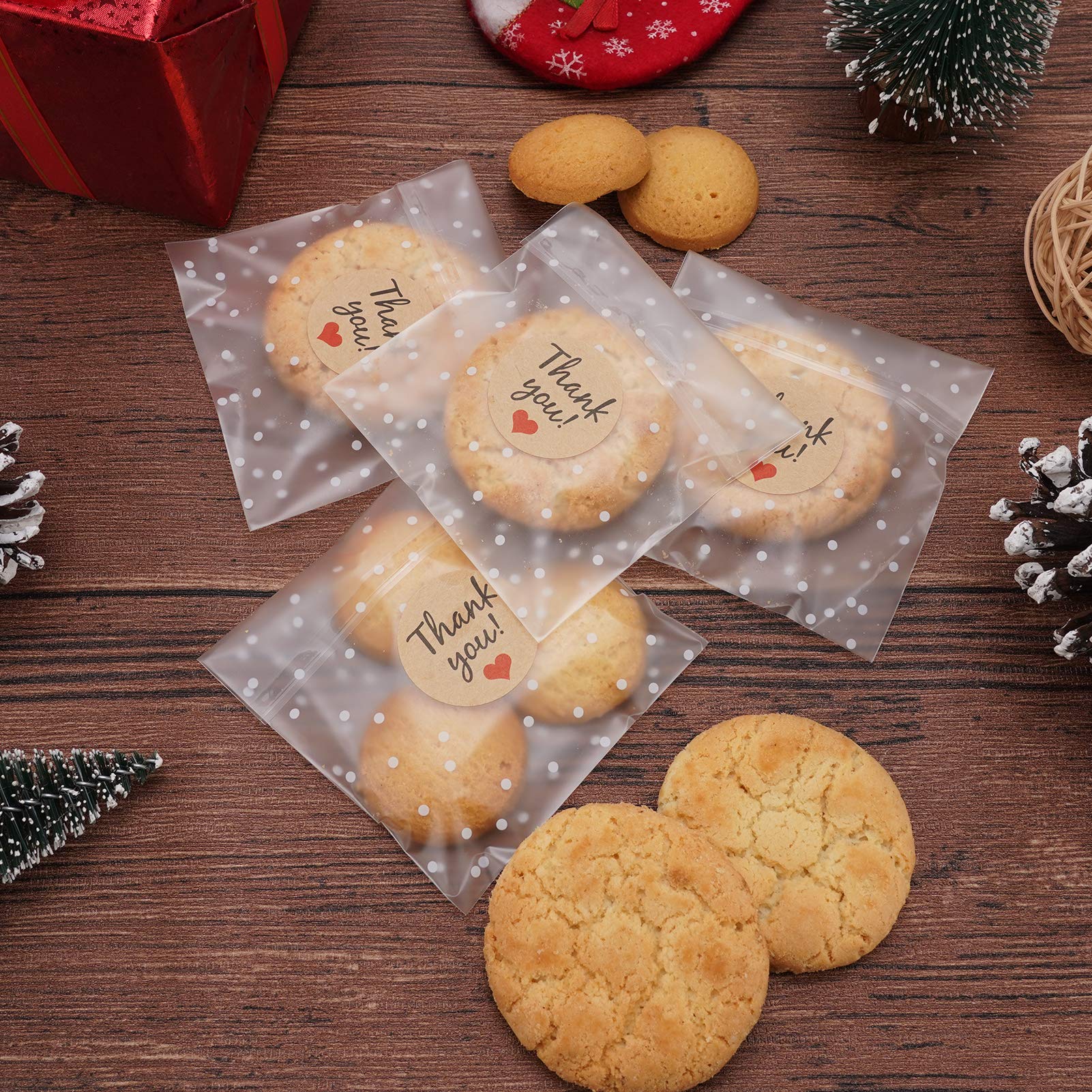 Self Adhesive Cookie Bags, White Polka Dot Individual Resealable Cellophane Treat Bags with Thank You Stickers for Gift Giving (3.9''x3.9'', 100 Pcs)