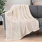 PAVILIA Beige Cream Throw Blanket for Couch Bed, Soft Fleece Throws for Sofa Chair, Fuzzy Waffle Textured Blanket, Cozy Warm Lightweight All Season Blanket Throw, 50x60