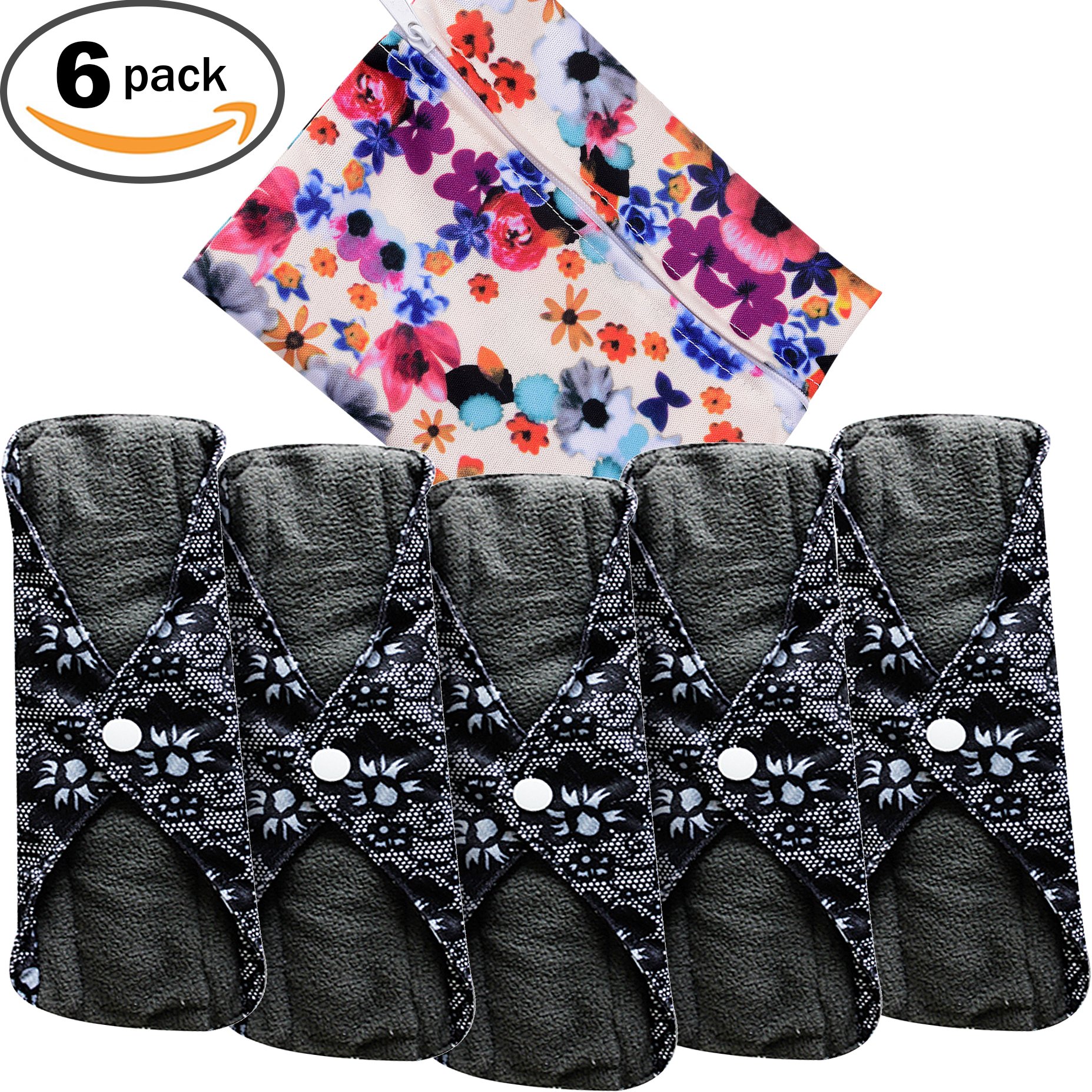 Reusable Cloth Menstrual Pads (5 Pads Plus Wet Bag) Absorbent Bamboo Charcoal Layer, Washable Sanitary Napkins, Overnight Long Panty Liners (Medium Flow)