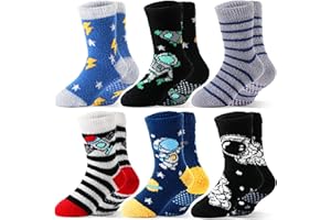 MOGGEI Kids Boys Toddlers Fuzzy Slipper Grips Socks Non Slip Warm Winter Fluffy Cozy Thick Fun Crew Gripper Socks 6 Pairs