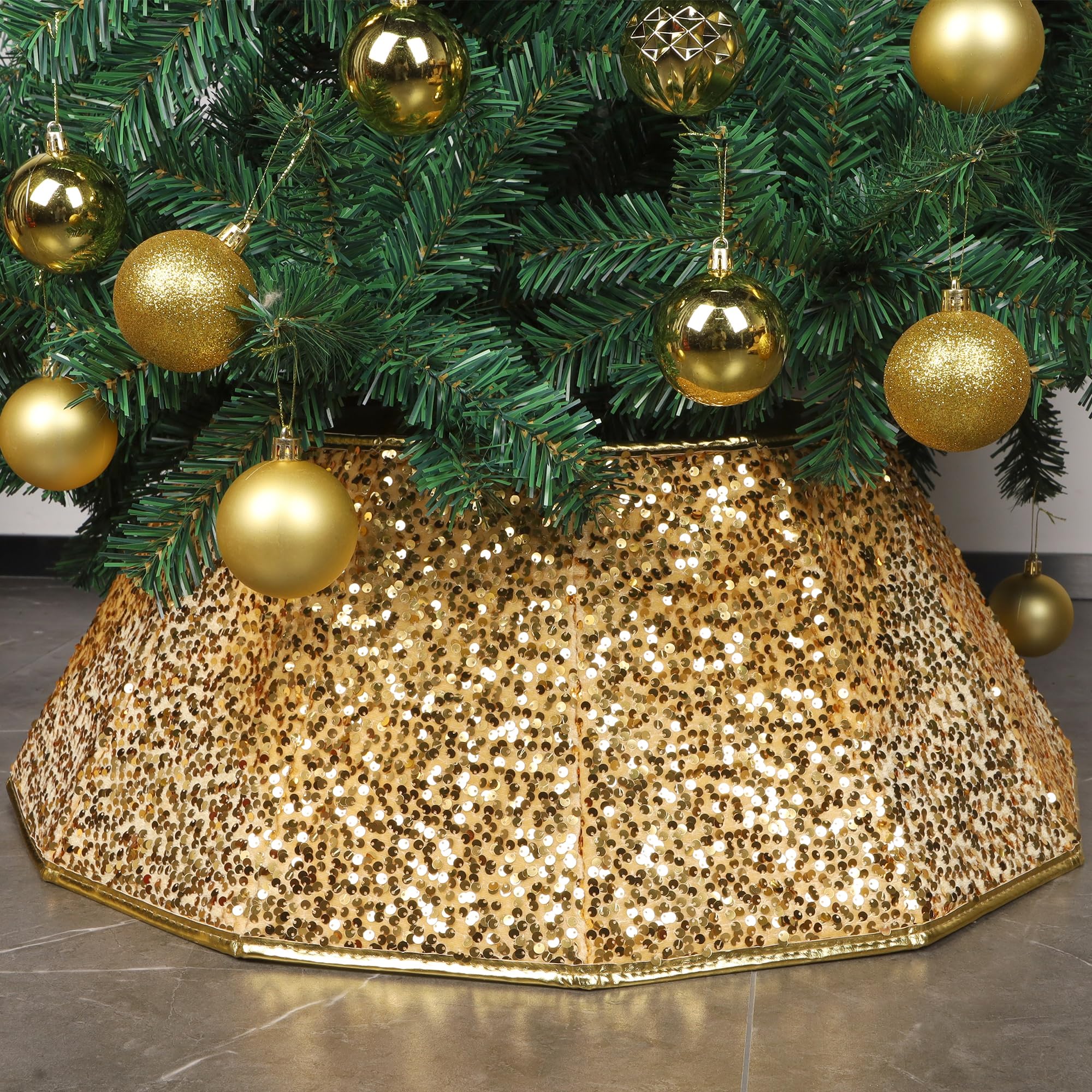 Photo 1 of Blissun Christmas Tree Collar, Sequin Christmas Tree Skirt, Foldable Tree Ring, Xmas Tree Stand Base Cover for Christmas Tree Decoration, Bright Gold