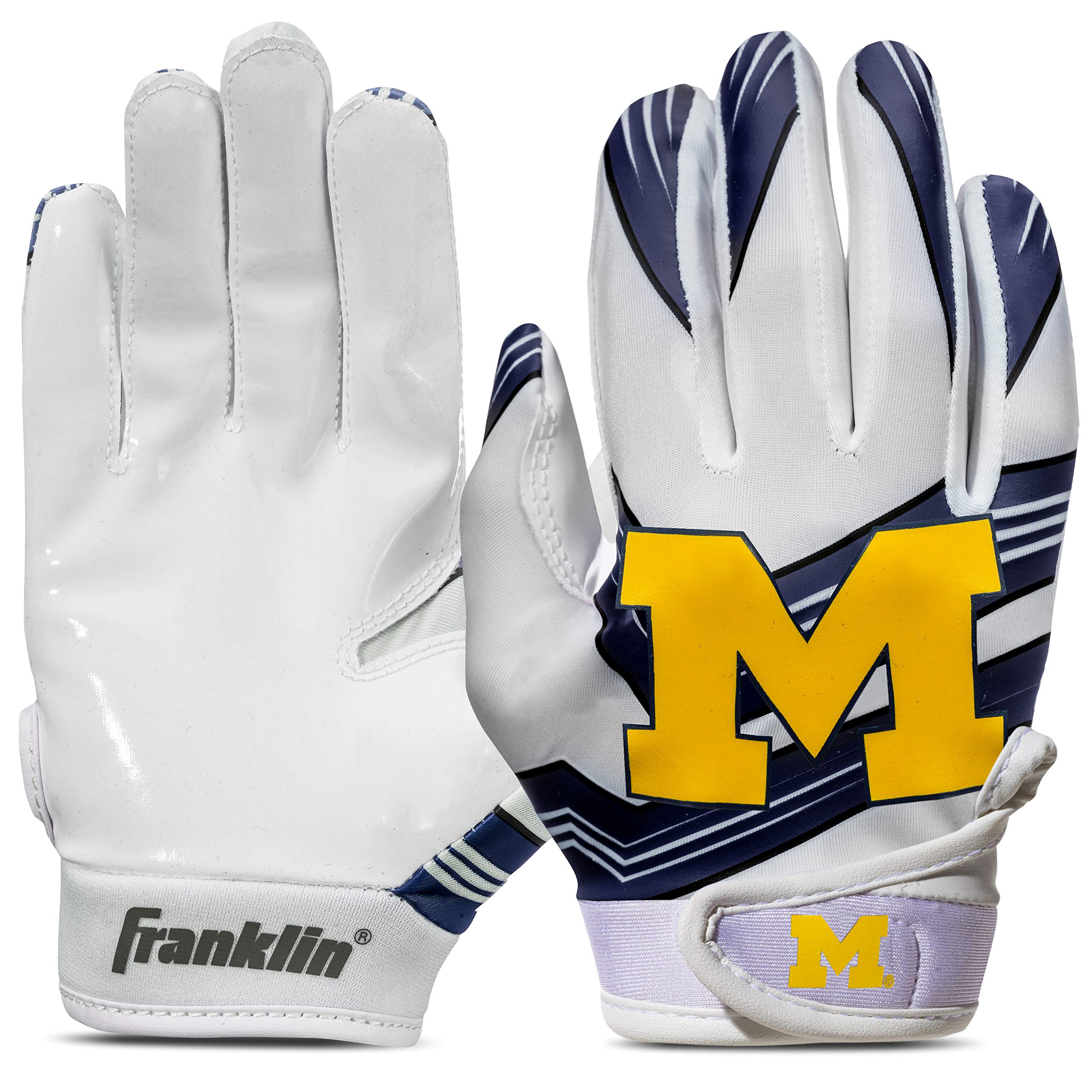 Franklin Sports Michigan Wolverines Youth College Football Receiver Gloves - Receiver Gloves for Kids - NCAA Team Logos and Silicone Palm - Youth S/XS Pair (Blue) (Pack of 6) Image