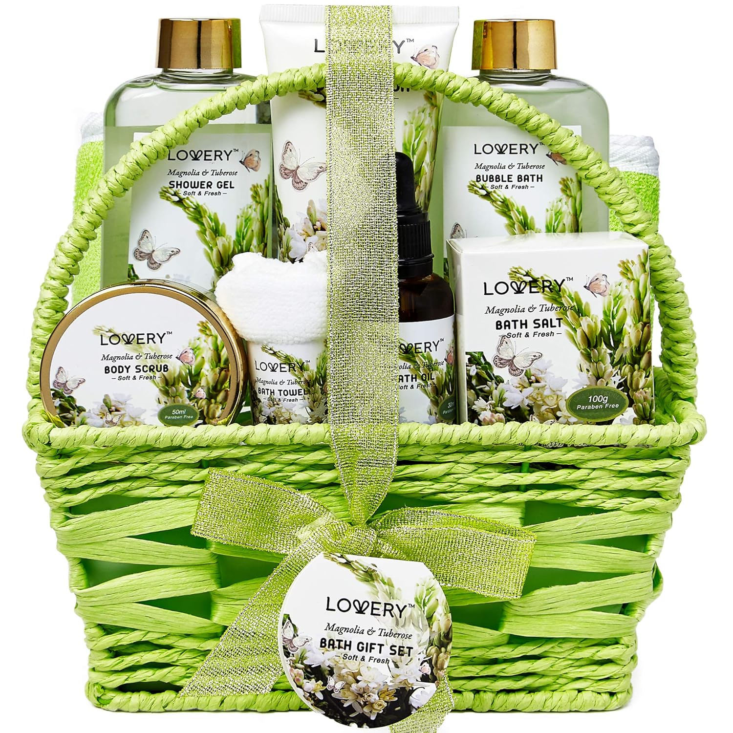 Bath and Body Gift Basket For Women and Men – Magnolia and Tuberose Home Spa Set, Includes Fragrant Lotions, Massage Oil, Bath Towel and More - 9 Piece Set