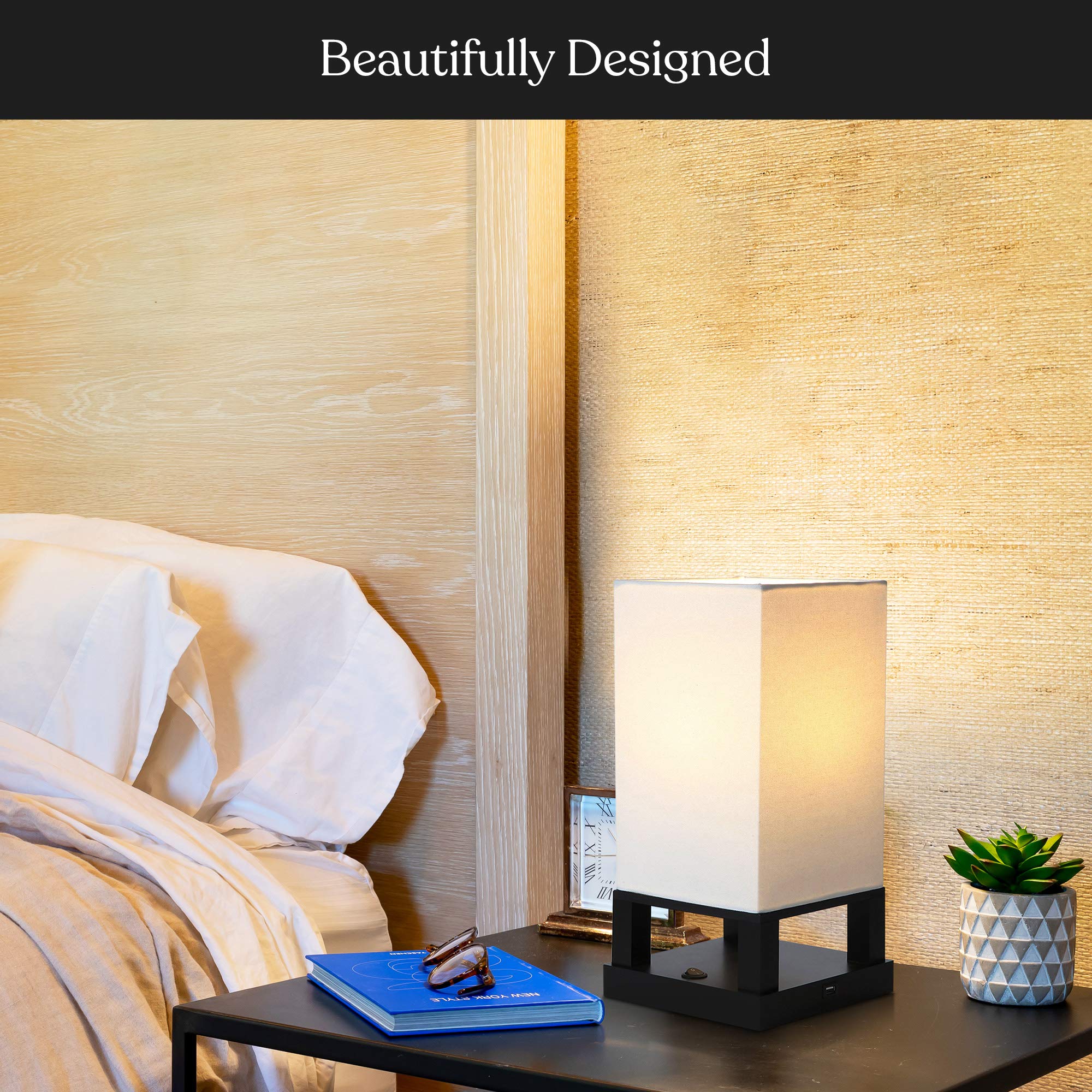 Brightech Maxwell Bedside Lamp with USB Port – Compact Table Lamp for Bedroom, Living Room - Modern Asian Nightstand Lamp with Wood Frame - LED Bulb, Soft Light - Black