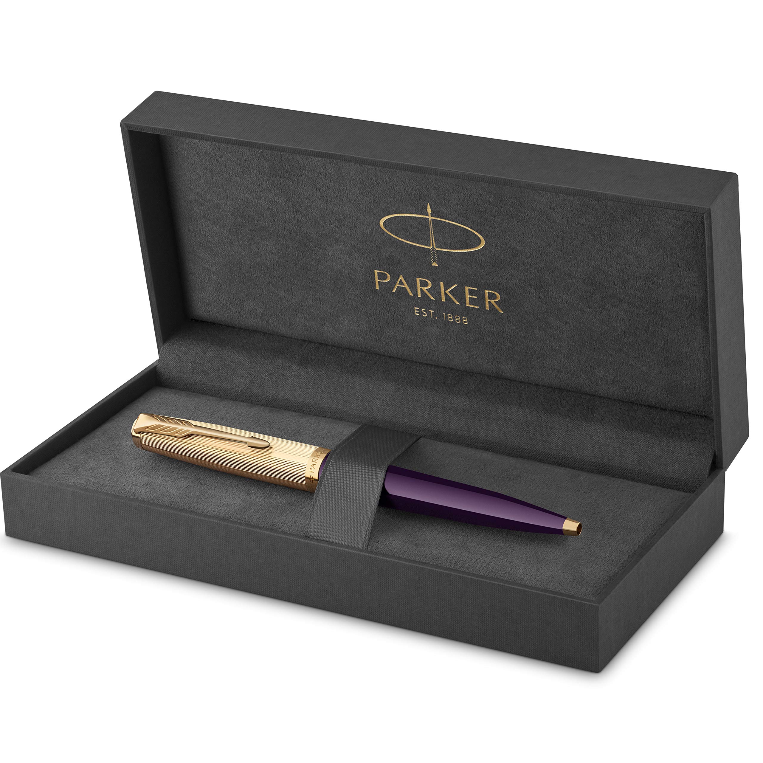 Parker 51 Ballpoint Pen | Deluxe Plum Barrel with Gold Trim | Medium 18k Gold Point with Black Ink Refill | Gift Box