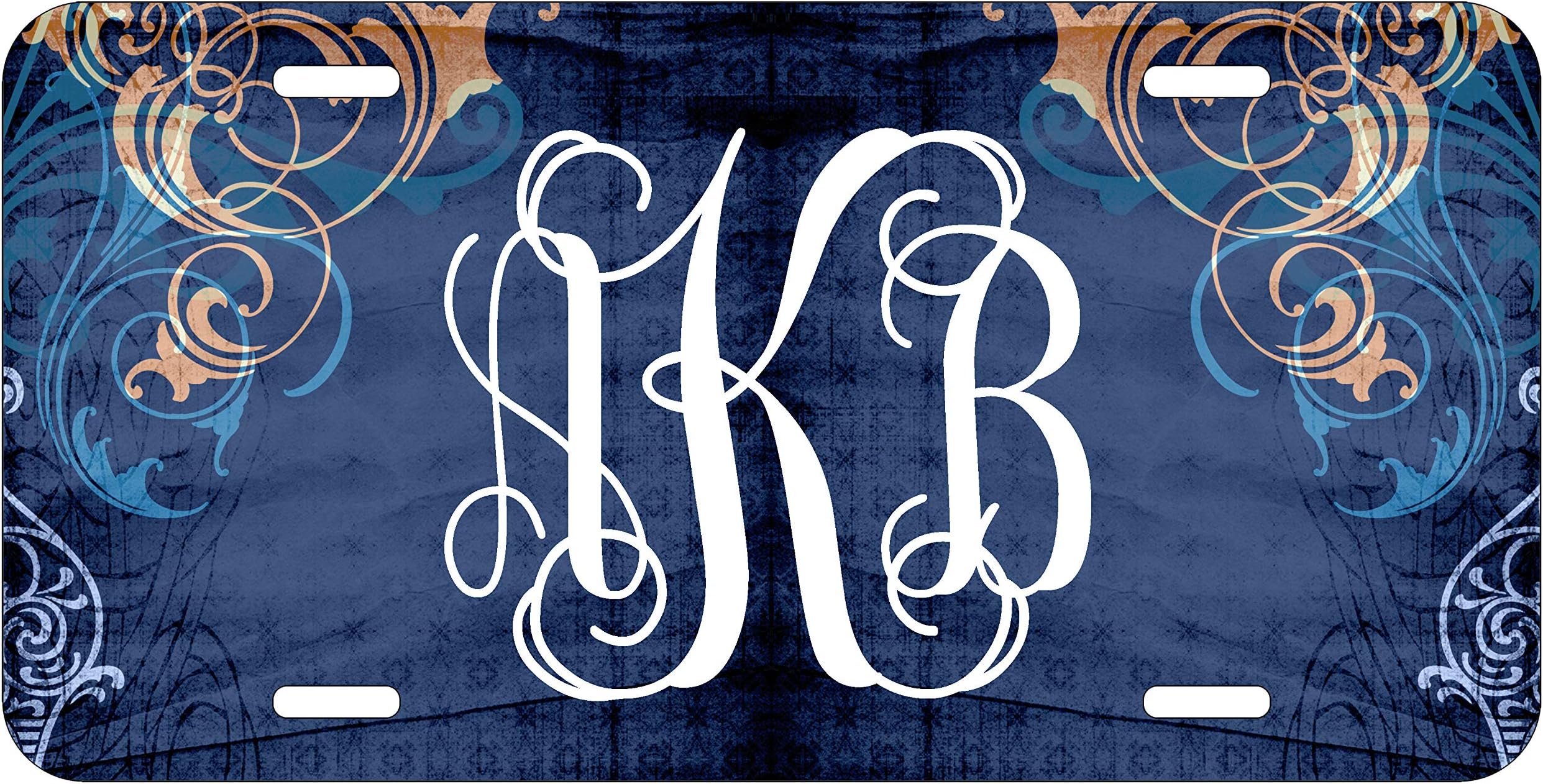 Top Craft Case Personalized Monogram License Plate - Blue Background Floral Elements Custom Initials Auto Car Tag