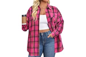 IN'VOLAND Womens Plus Size Flannel Plaid Shirts Long Sleeve Casual Collared Button Down Shirt Loose Blouse Top