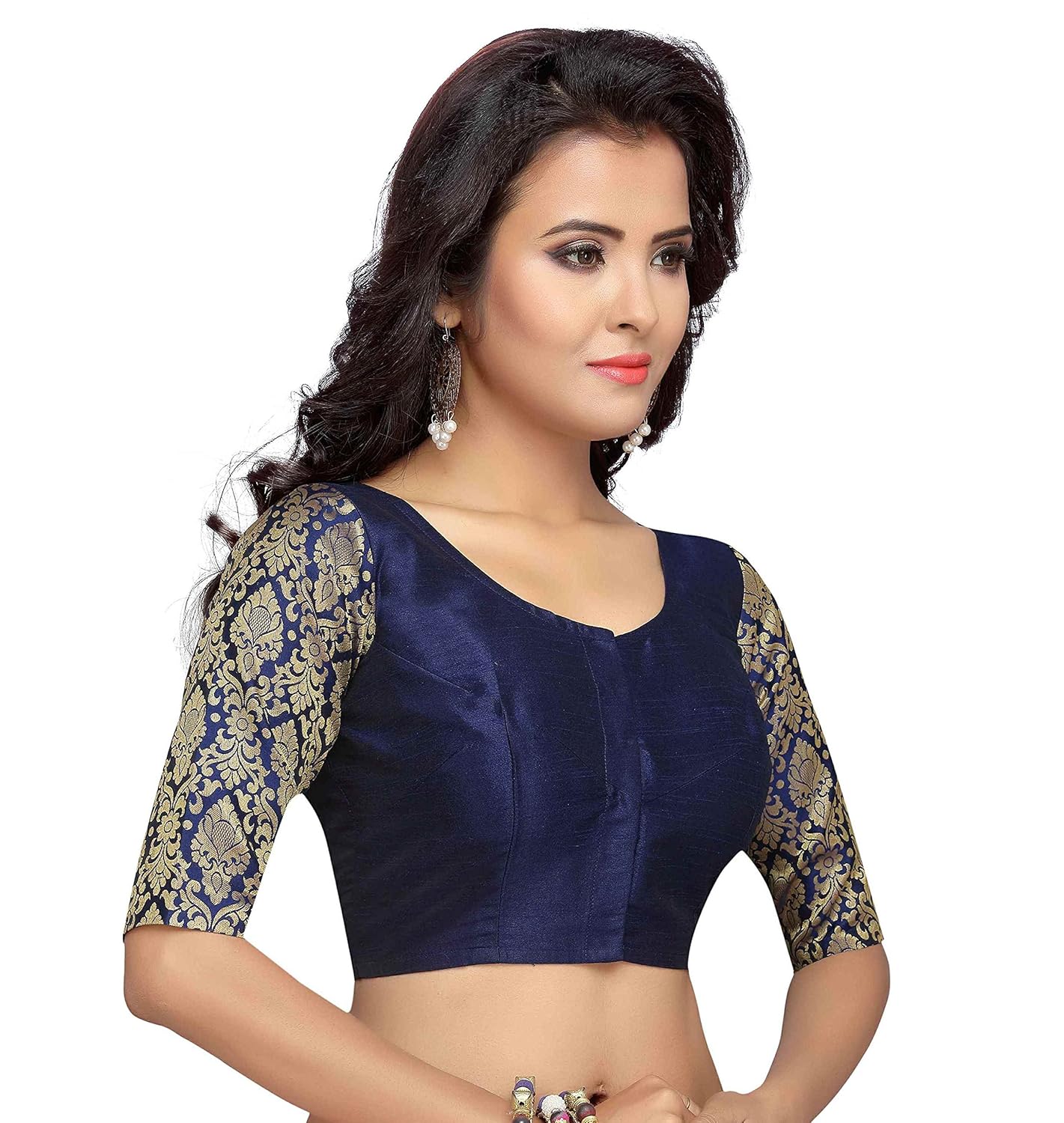 studio shringaar women's brocade sleeve readymade saree blouse with round neck