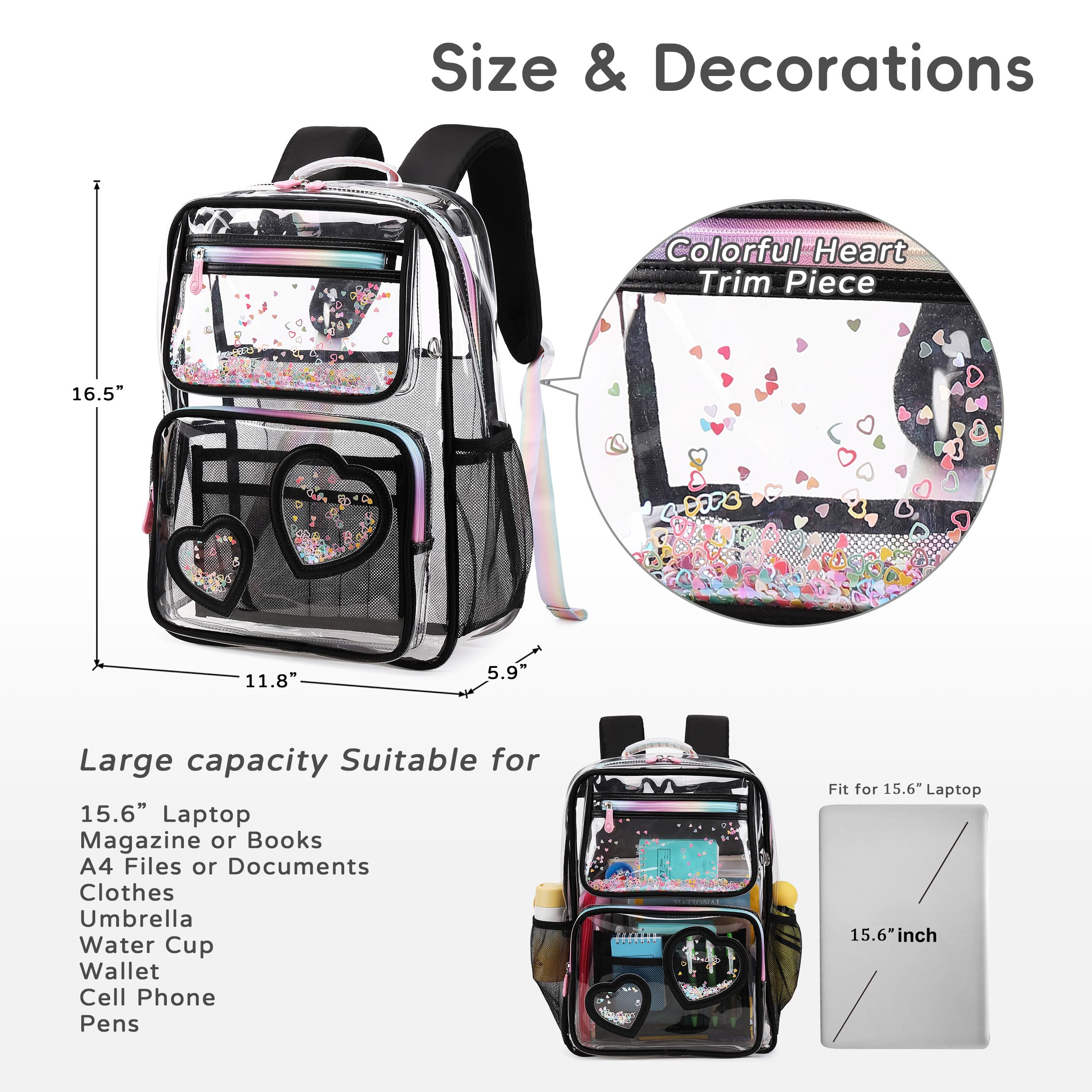 Clear Backpack for Girls Women Transparent Kids Elementary College School Bag Travel Laptop Backpacks Large Bookbags (Black)