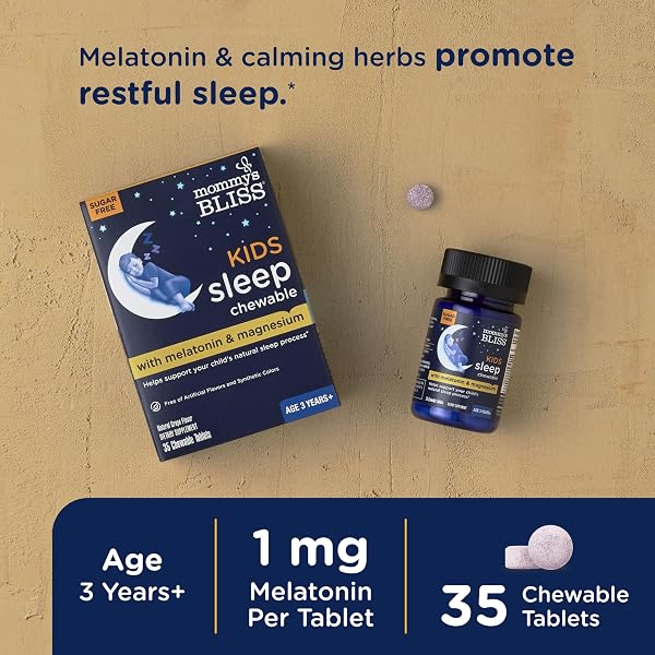 MOMMY’S BLISS KIDS SLEEP CHEWABLE TABLETS, MELATONIN, MAGNESIUM & CALMING HERBS, GRAPE FLAVOR, SUGAR FREE KIDS MELATONIN, AGE 3+ (35 SERVINGS), 35 COUNT (PACK OF 1)