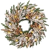 Christmas Wreaths for Front Door - 8 Lighting Modes 26 Inch Real Touch Pine Wreath with Gold Leaves & Champagne Berries Prelit Winter Wreath for Outdoor Christmas Decorations Windows Indoor Home Decor