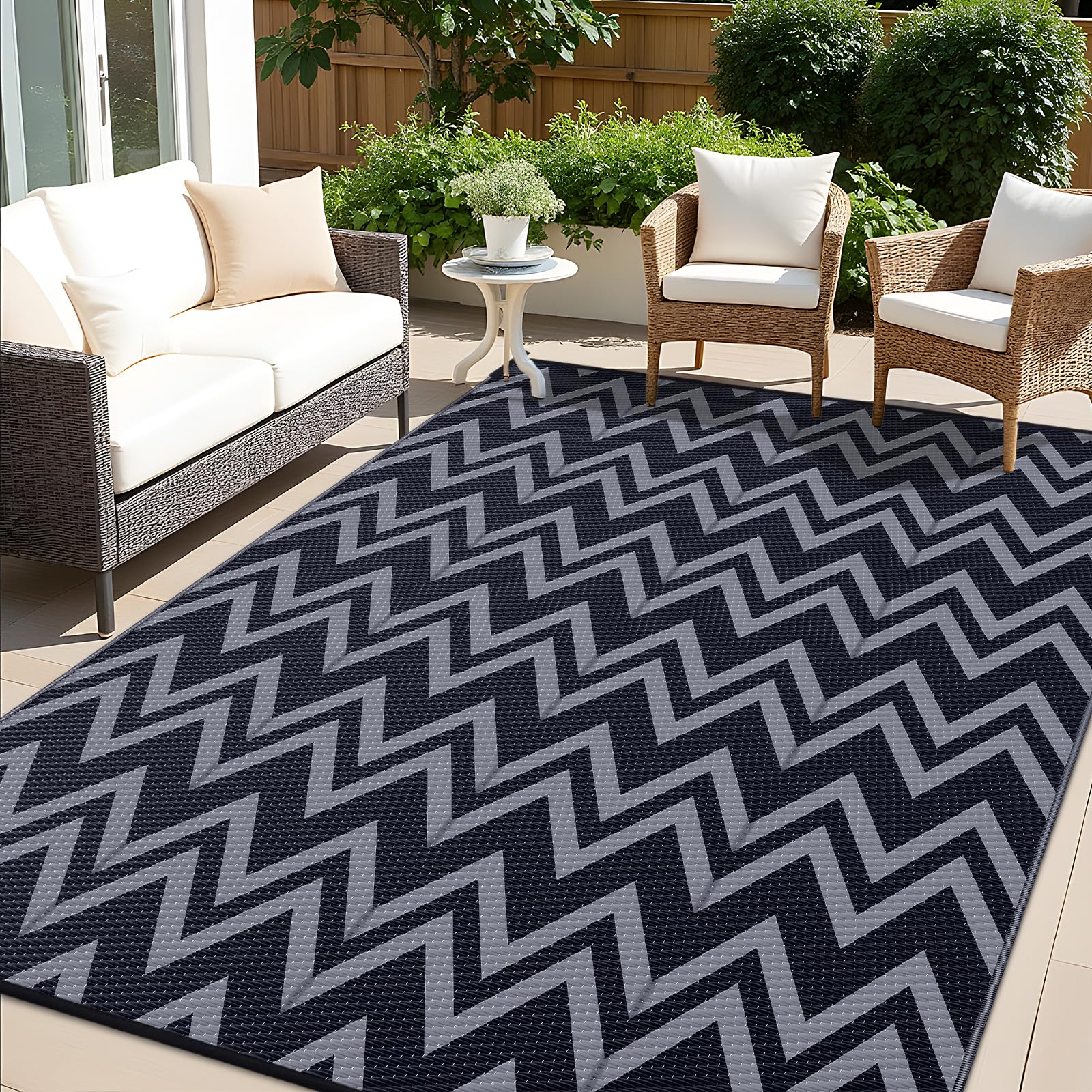 Photo 1 of OLANLY Waterproof Outdoor Rug 6x9 ft Clearance, Reversible Outdoor Plastic Straw Rug, RV Mat, Indoor Outdoor Carpet for Patio, Camping, Balcony, Deck, Backyard, Black & Grey