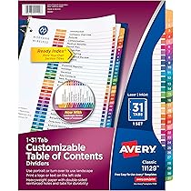 Avery 1-31 Tab Dividers for 3 Ring Binders, Customizable Table of Contents, Multicolor Tabs, 1 Set (11129)