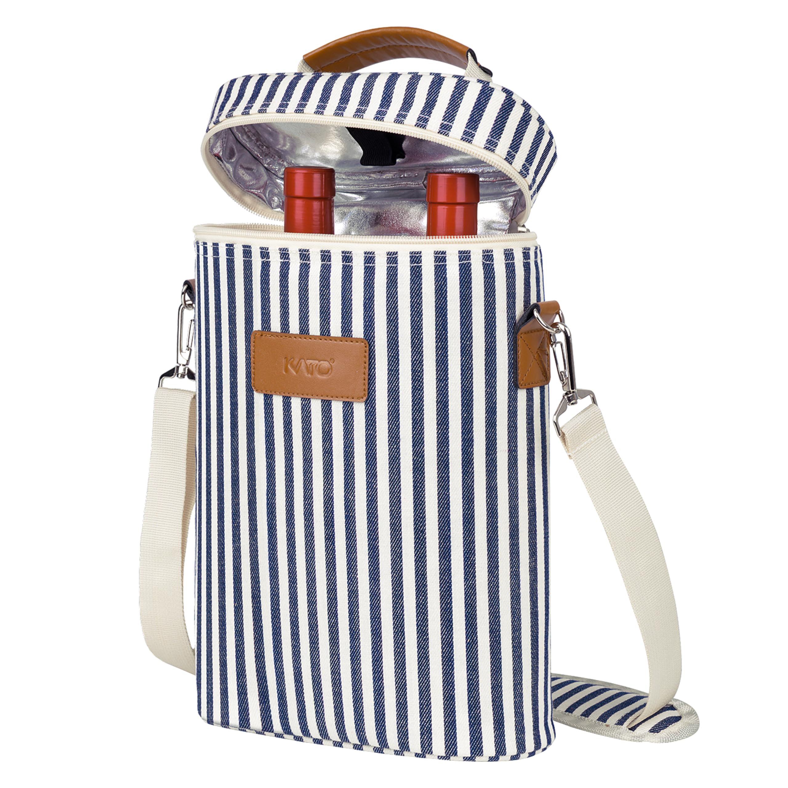 Kato Tirrinia Insulated Wine Cooler Bag, 2 Bottle Padded Wine Tote Carrier for Picnic, Beach, Camping, Wine Lover Gift, Stripe