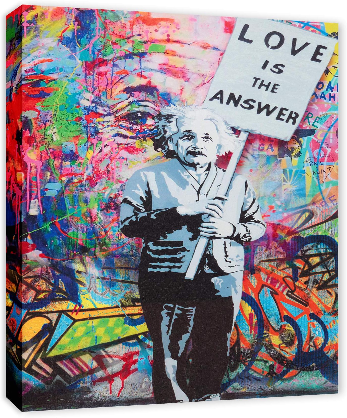Einstein "Love is the Answer" Colorful Figure Street Graffiti - FRAMED - Canvas Print Home Decor Wall Art, Gallery Wrap Inner Frame, 7x9