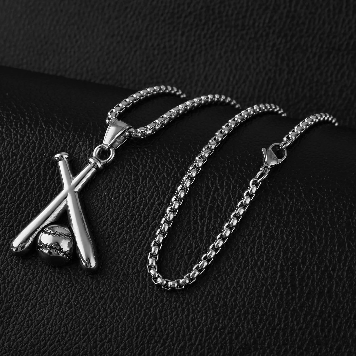 HZMAN Baseball and Baseball Bat Cross Youth Sports Stainless Steel Pendant Necklace 24'' Chain (Silver): Jewelry
