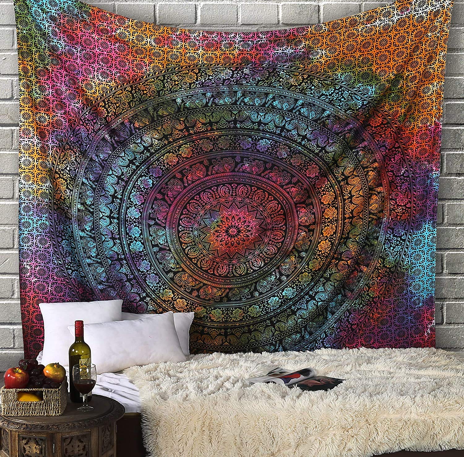 RAJRANG Tie Dye Mandala Tapestry for Bedroom - 213x230 cm Boho Colourful Cotton Queen Elephant Wall Hanging Psychedelic Art Indian Hippie Tapestries for Home and Living Room Decor - Multicolor