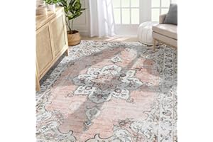 Mcadore Machine Washable Rug 5x7 Area Rugs for Living Room Boho Vintage Design Rug for Bedroom, Kitchen, Soft Non-Slip Indoor Rug, Pink/Floral-Print Design