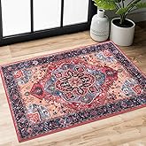 SIILOOM 2x3 Vintage Washable Rug, Red Soft Area Rug for Entryway, Boho Non-Slip Indoor Door Mat, Low-Pile Kitchen Rugs, Floor Carpet for Entrance Kitchen Bedside Farmhouse