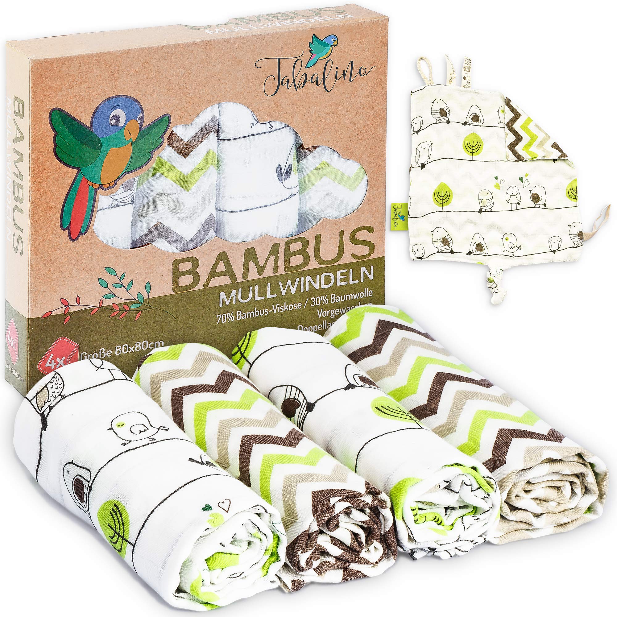 Tabalino - Incredibly Soft Bamboo Muslin Nappies/Burping Cloths/Muslins Cloth Cute Motifs: 80 x 80 cm, 4 Pack with Free Cuddle Blanket and Gift Box (Boy & Girl)