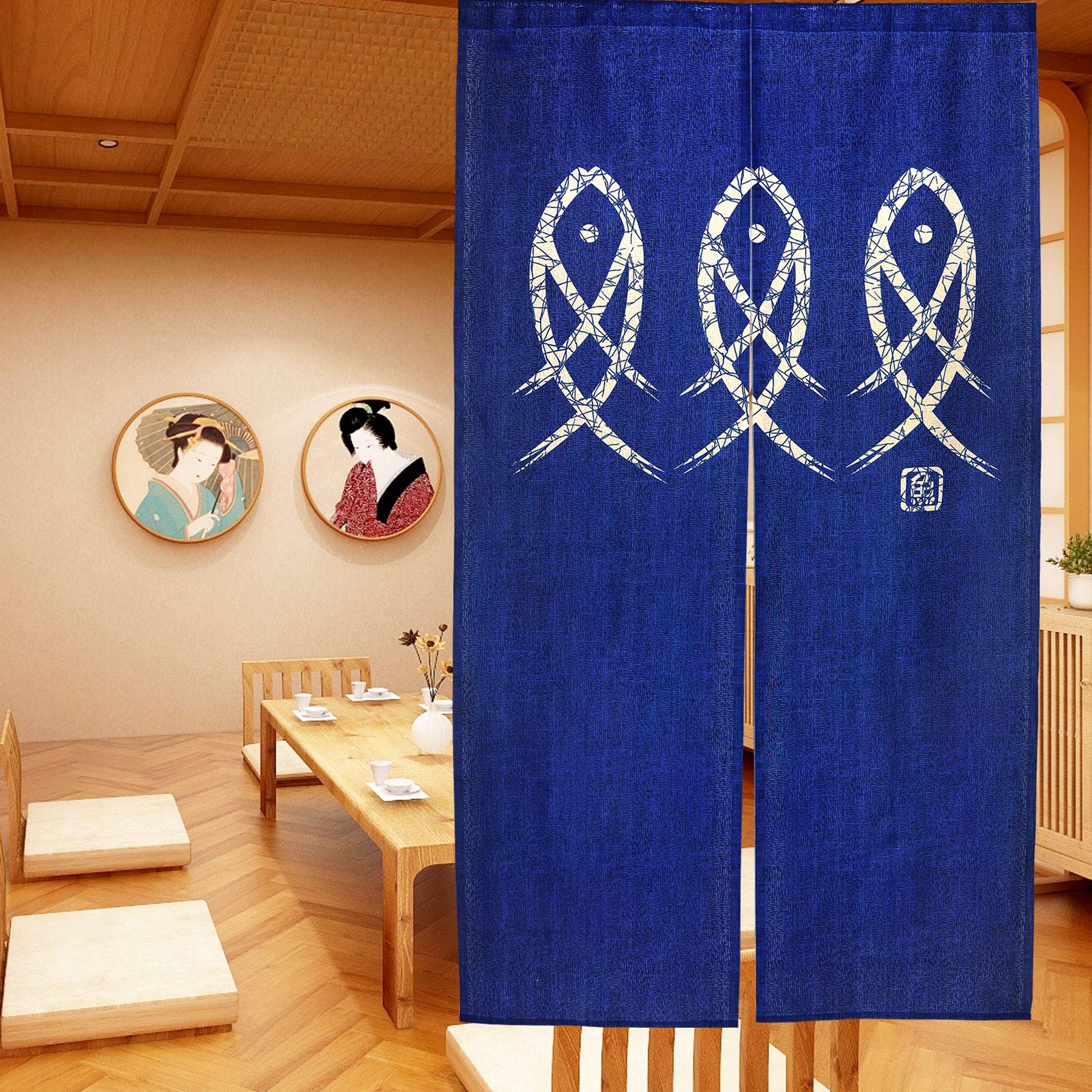 LIGICKY Japanese Noren Doorway Curtain Ancient Character Fish Tapestry for Home Decoration Blue 33x59inch