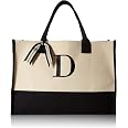 Borsa In Tela Mud Pie Con Iniziale H Ricamata, Naturale E Nera, 43x48 Cm