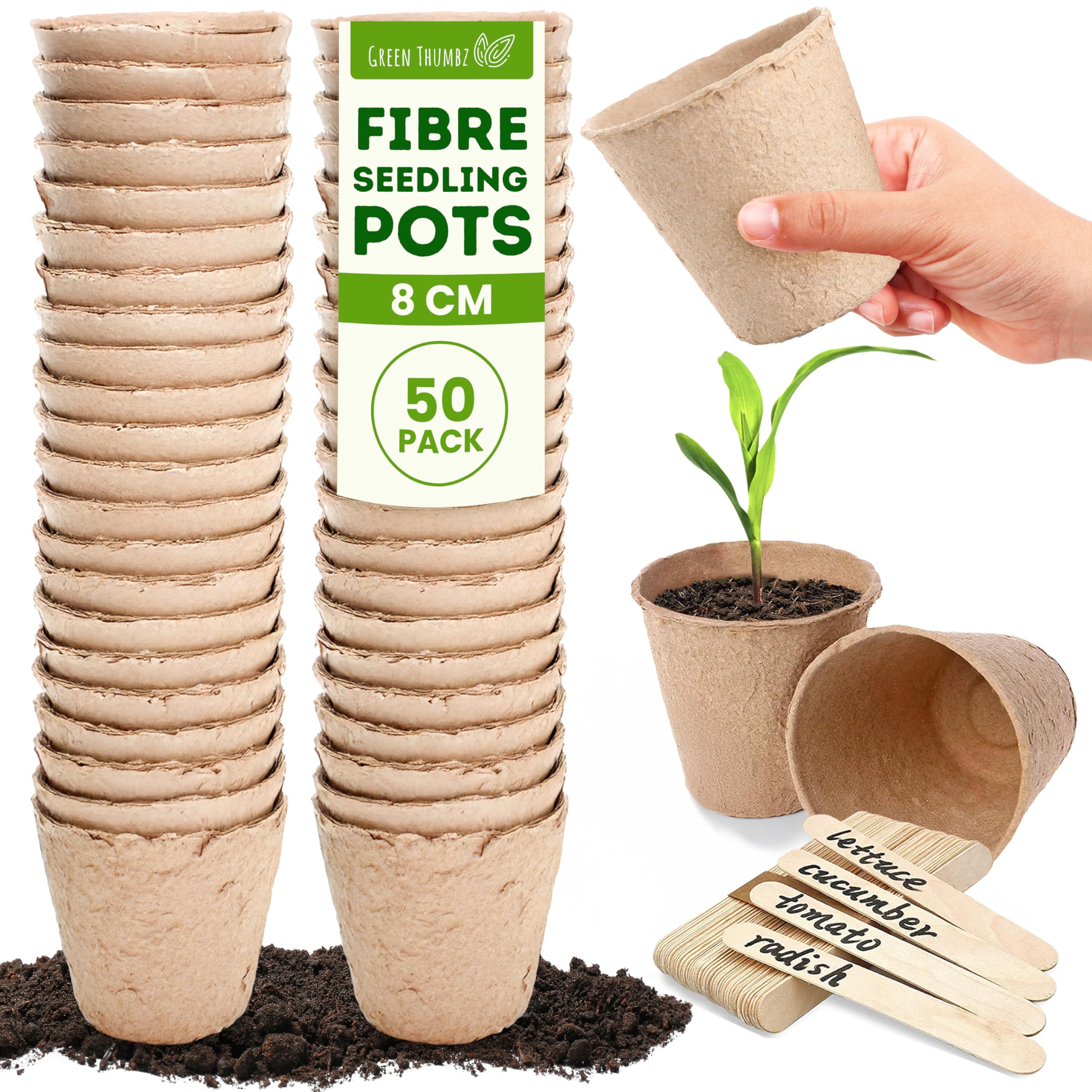 Green Thumbz Biodegradable Plant Pots - 8cm x 50pcs Cardboard Plant Pots for Compostable Planting, Fibre Plant Pots (50pcs Bio Plant Labels Included)