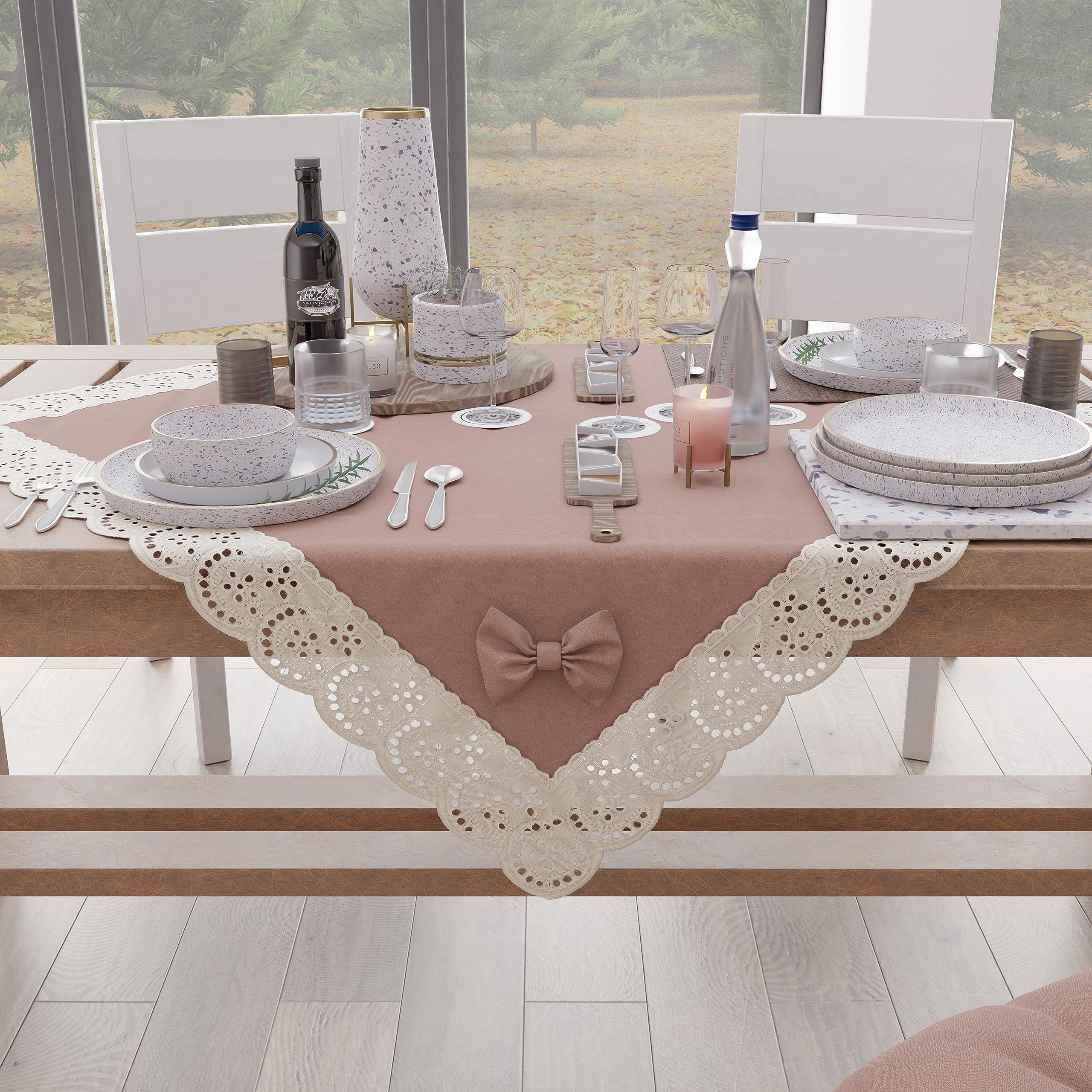 PETTI Artigiani Italiani - Elegant Centerpiece, Kitchen Table Centerpiece, Solid Colour Centerpiece with Lace Frill and Bows, Cotton Centerpiece, 95 x 95 cm