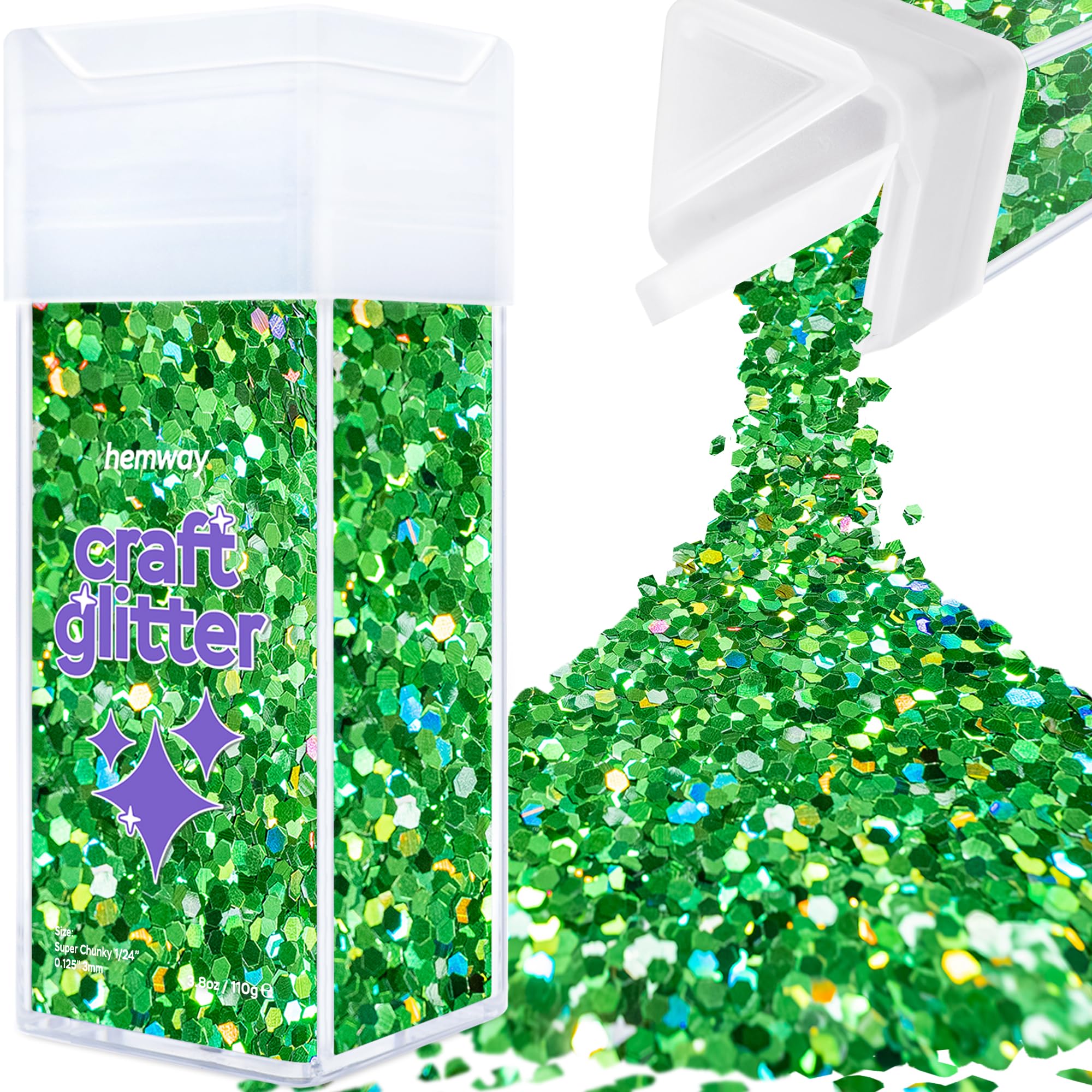 Hemway Glitter Shaker Emerald Green Holographic 110g Super Chunky, Craft Glitter Shaker for Resin & Epoxy Crafts, Christmas Art Supplies, Nail, Body, Face, Eye, Festival, Crafting, Slime, Sparkle