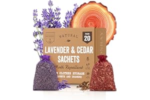HOUNDSBAY All-Natural Cedar and Lavender Sachet (20 Pack) with Hanger Hooks Included: 10 Lavender Sachets for Drawers and Closets, 10 Cedar Sachets Best Moth Repellent for Clothes