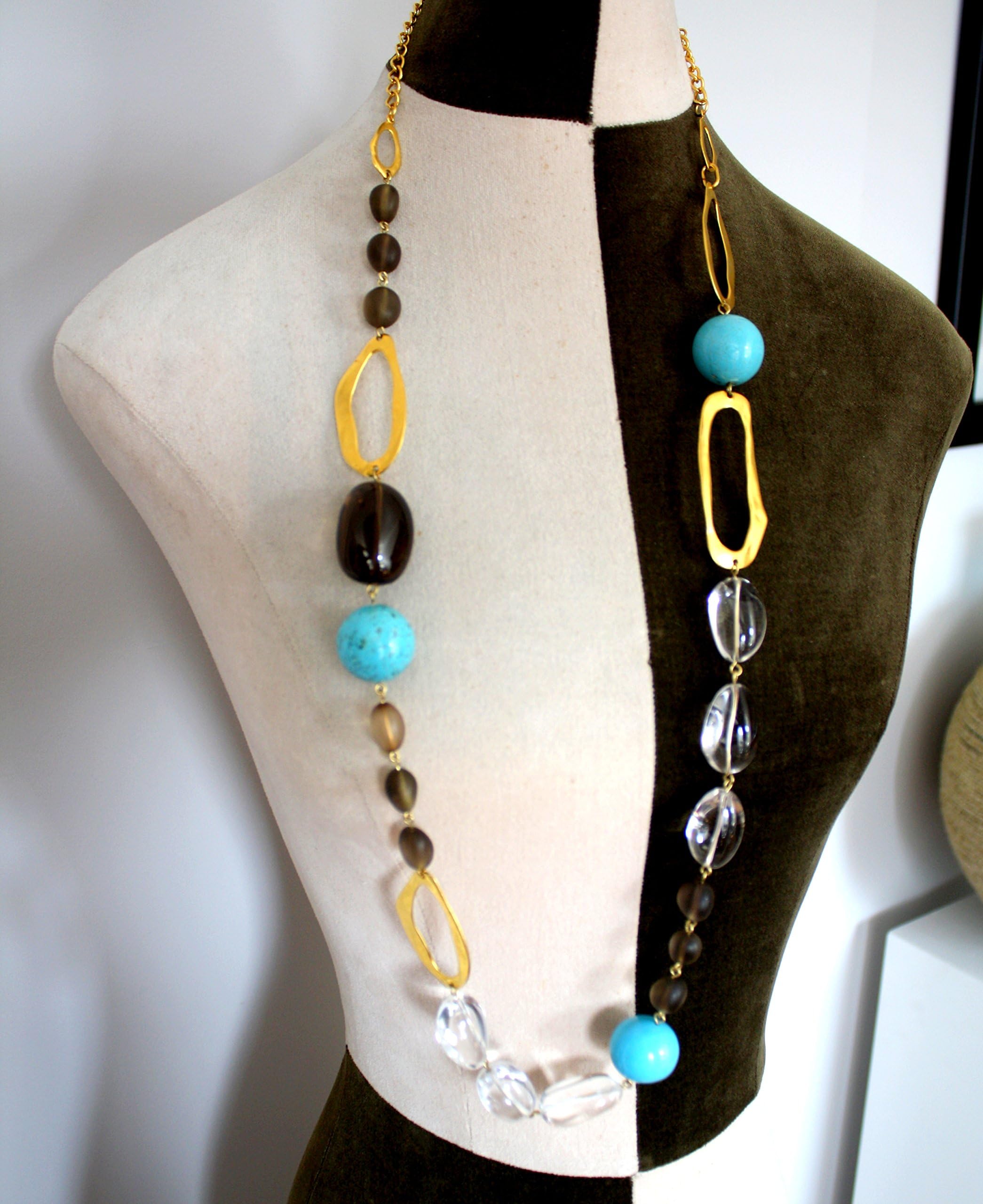 Long Chunky Necklace of Mixed Stones and Metal Chain Links