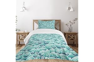 Lunarable Teal Bedspread, Spirals Swirl Patterns Abstract Waves Ornamental Style Wind Inspired Art Print, Decorative Quilted 2 Piece Coverlet Set with Pillow Sham, Twin Size, Turquoise Teal