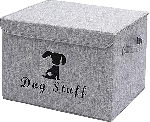 Geyecete Linen Dog Storage Basket Bin Chest Organizer with Lid and Handles - Perfect for Organizing Dog Toys, Dog Clothing, Storage Trunk