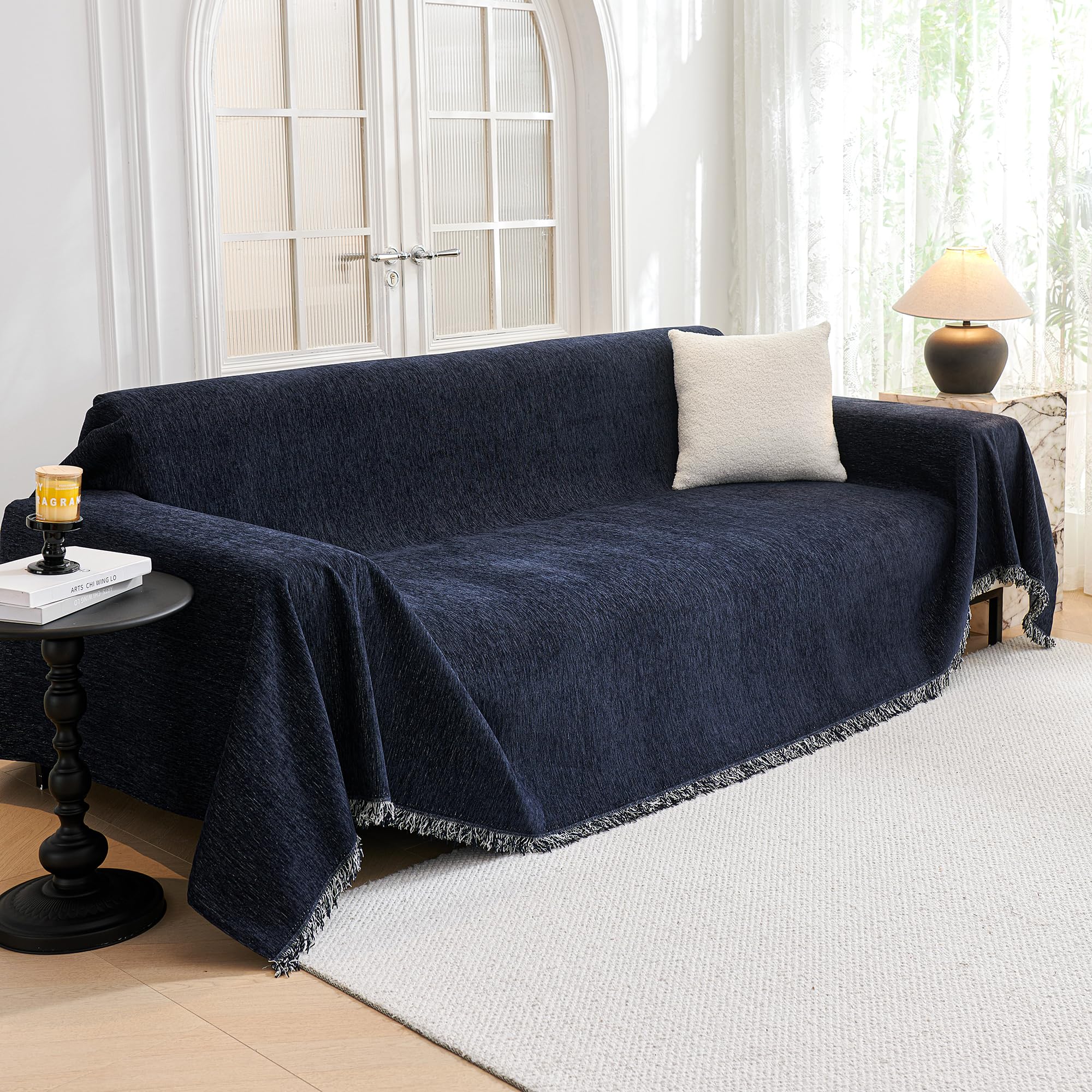 Photo 1 of MYSKY HOME Couch Covers - Sectional Couch Covers for Pet Sofa, Non Slip Soft Couch Cover, Washable Furniture Protector with Tassel Sofa Throws, Living Room, 91"x118", Navy Blue
