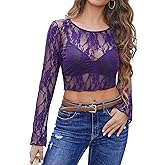 Avidlove Mesh Top Women Long Sleeve Crew Neck Sheer Blouse See Through Floral Lace Tops