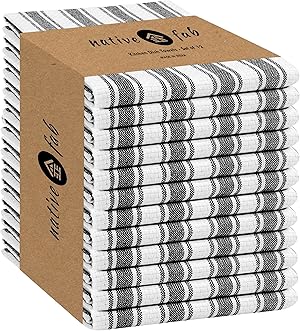 Native Fab Gestreifte Küchentücher aus 100% Baumwolle, 40,6 x 66 cm, Korbgeflecht, gestreift, Geschirrtücher für schnelles Trocknen, saugfähige Küchenwaschlappen-Set mit Aufhängeschlaufe, Schwarz, 12