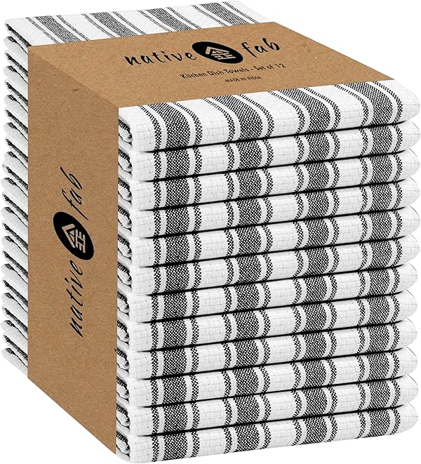 Native Fab Gestreifte Küchentücher aus 100% Baumwolle, 40,6 x 66 cm, Korbgeflecht, gestreift, Geschirrtücher für schnelles Trocknen, saugfähige Küchenwaschlappen-Set mit Aufhängeschlaufe, Schwarz, 12