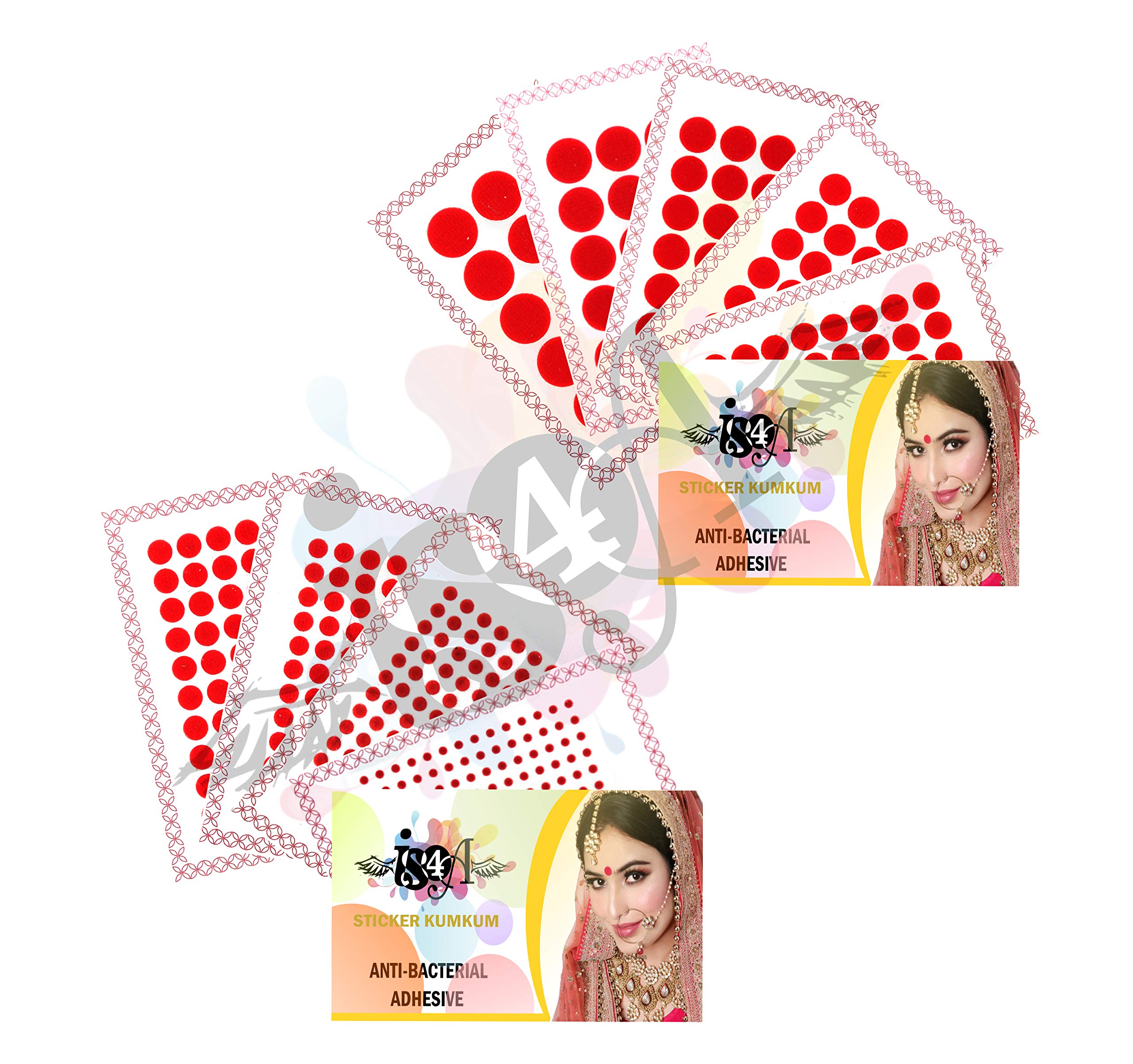 Photo 1 of IS4A 447 Multicolored Bollywood Forehead Stickers Adhesive Body Jewelry 9 Cards of Different Sized Tattoo Velvet Bindi Round Dot (RED)