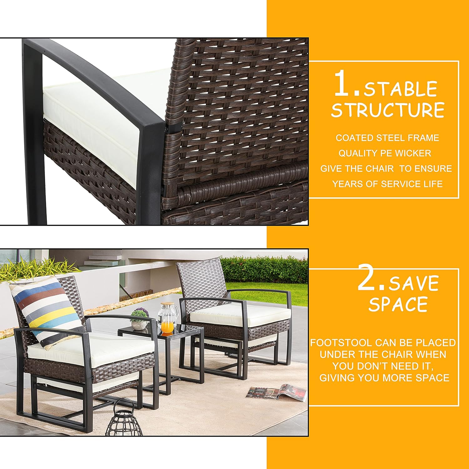 LOKATSE HOME 5-Piece Wicker Outdoor Conversation Set Patio Furniture PE Rattan All Weather Cushioned Chairs Balcony Porch with Ottoman and Glass Coffee Side Table, Beige: Garden & Outdoor
