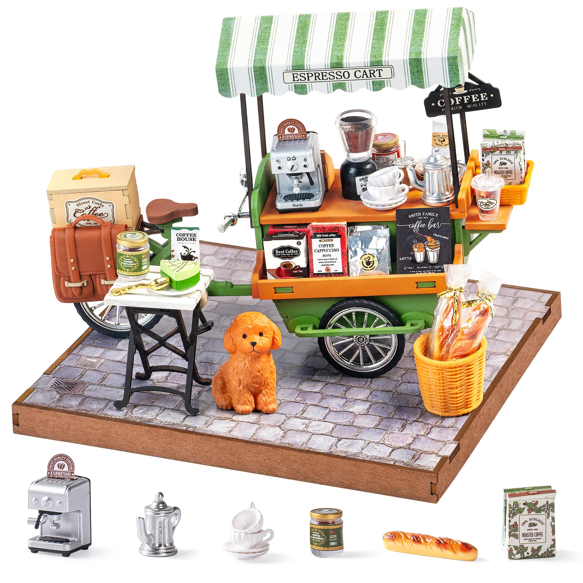 Rolife Model Kit DIY Miniature House Kit Aromatic Coffee Cart Dollhouse Street View Model Kit for Adult to Buid Wooden Doll House Home Decoration Creative Birthday Gift