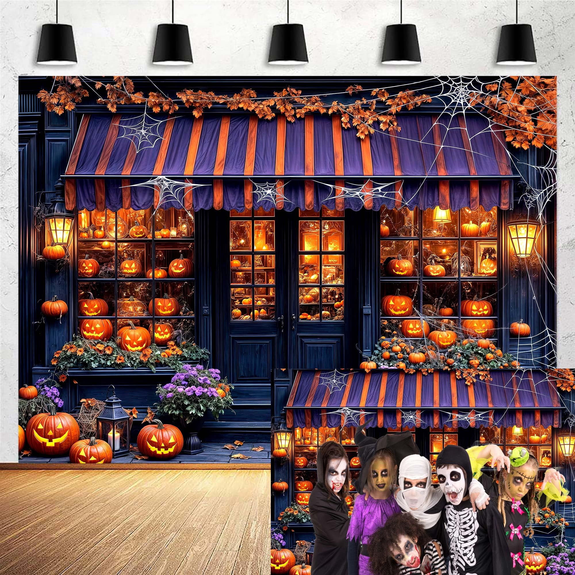 Photo 1 of 10x8ft Halloween Backdrop Purple Trick or Treat Pumpkin Photograph Background Pumpkin Lantern Night Kids Adult Family Party Birthday Banner Decor Halloween Photo Backdrop