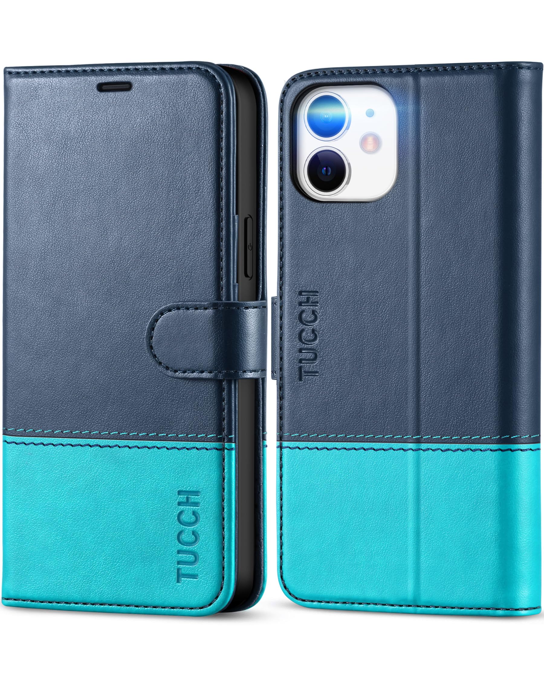 TUCCH Wallet Case for iPhone 12 PRO/12 (6.1"), Magnetic PU Leather Stand Flip Stand Folding Cover with[RFID Blocking][Credit Card Slots][Shockproof TPU]Compatible with iPhone 12/12 Pro, Blue&Lake Blue — image 1