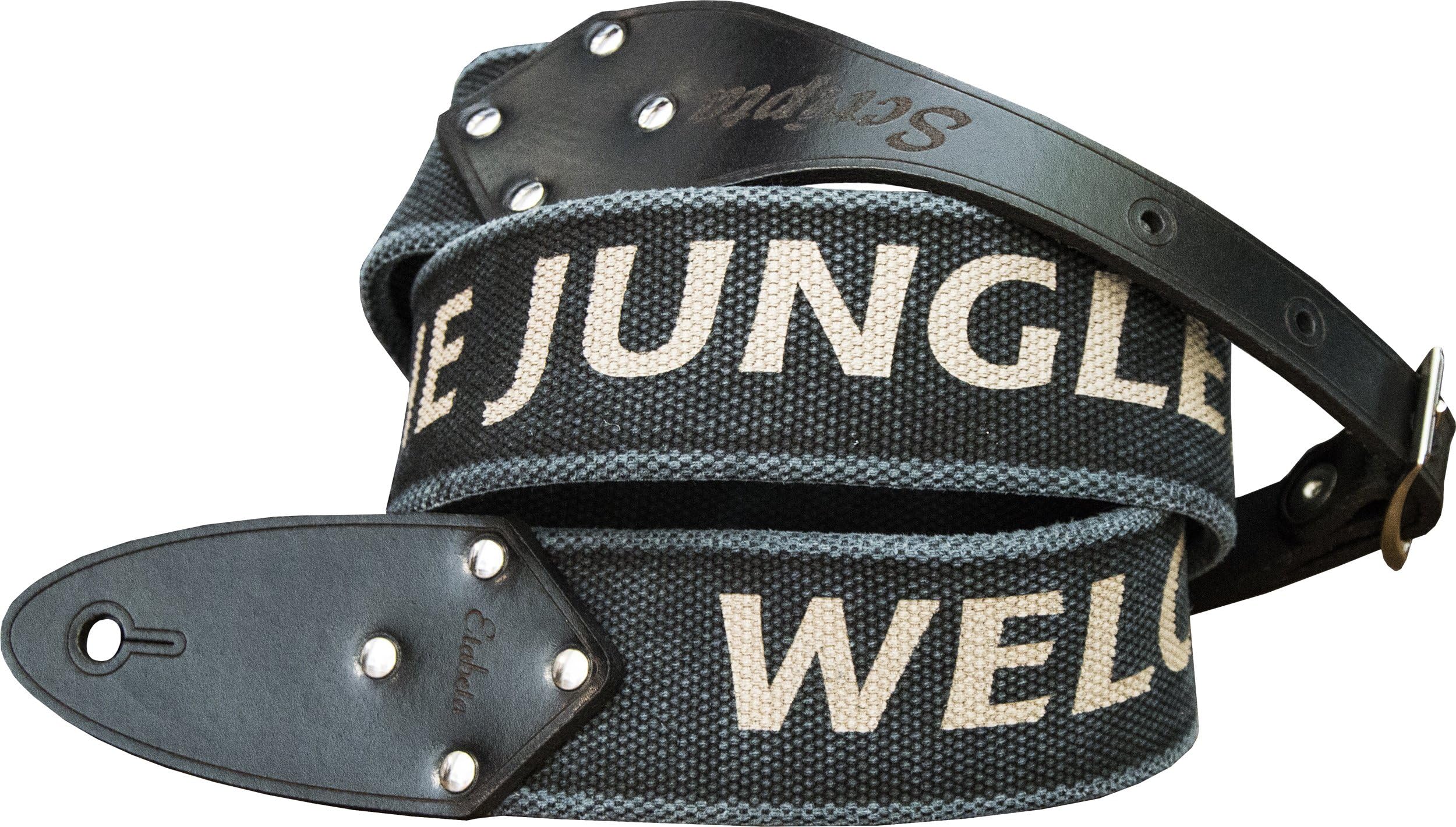 Guitar Strap Guns N Roses – WELCOME TO THE JUNGLE - Organic Cotton and Genuine Leather Hooks – Etabeta Artigiano Toscano - Made in Italy (black brushed)