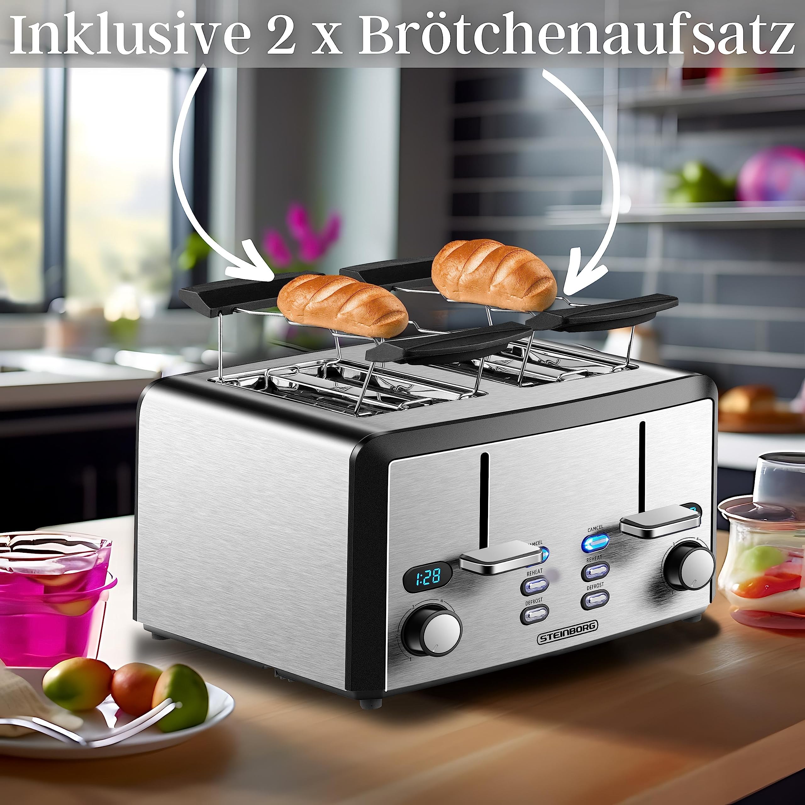 XXL Toaster 4 Toastschlitze | Toastautomat | 1600 Watt | 6-Stufen Bräuneregler | 2x Brötchenaufsatz | Auftau-Funktion | 2x Krümelschubladen | Edelstahl | 4-Fach | LED Displays 4