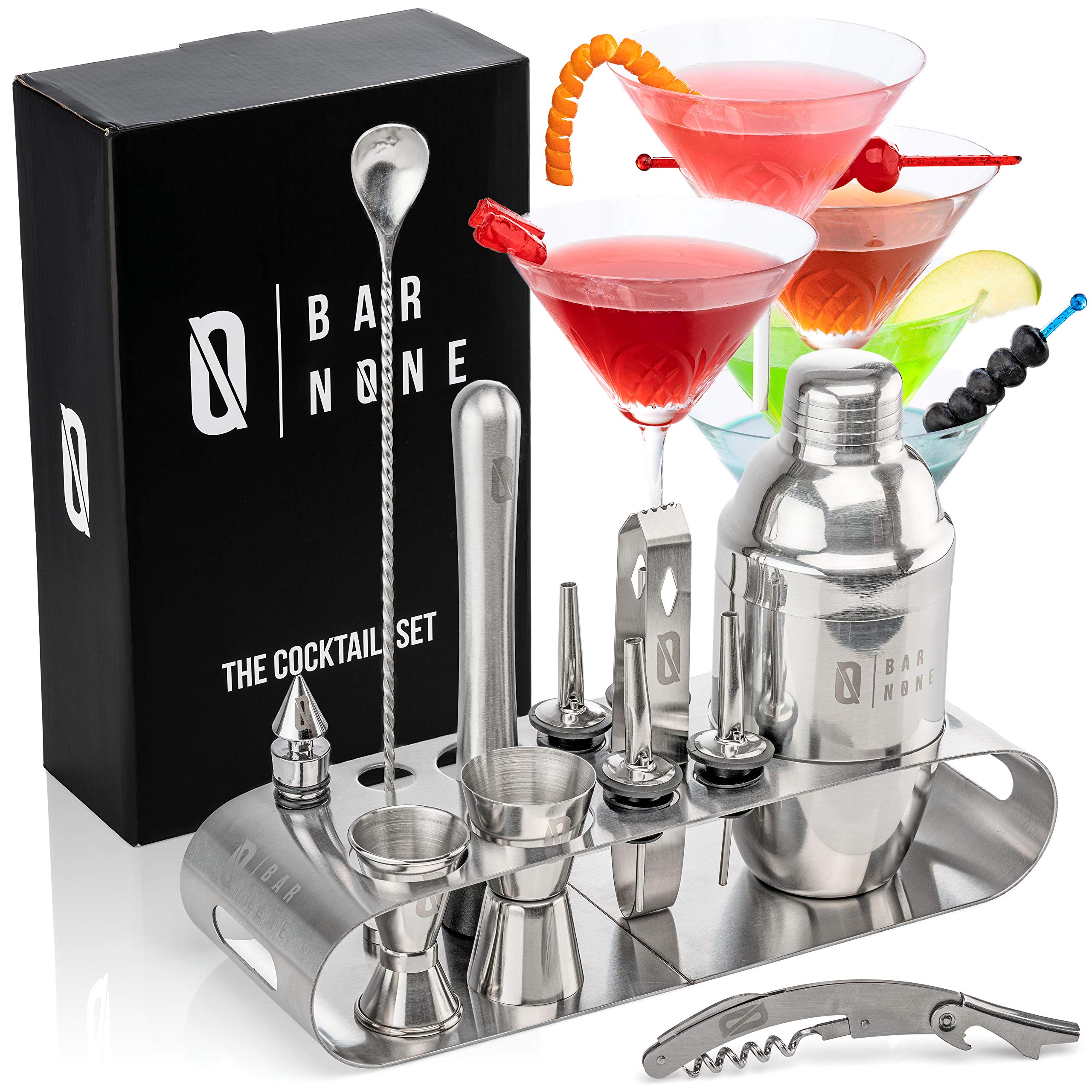 Photo 1 of BAR NONE The Cocktail Set | 12-Piece Stand Bar Set Exquisite Quality Bartender Kit Tools | Martini Shaker Jigger Shot Muddler Spoon Ice Tongs Corkscrew Knife Bottle Opener Pourers (Stainless Steel, 1)