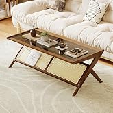 Bamworld Rattan Coffee Table with Glass Top Mid-Century Modern Center Table | with Storage for Living Room Table Brown