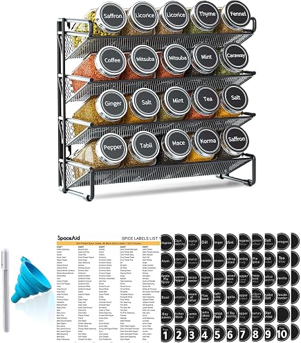 Étagère à épices à 4 niveaux sur pied - Comptoir en métal - Organiseur pour petites bouteilles d'assaisonnement - Peut contenir 24 bouteilles pour comptoir de cuisine, placard, garde-manger, étagère à